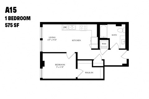 Floor plan for 1 bed, 1 bath, 575 sqft